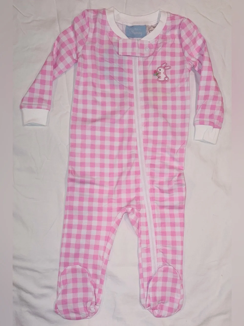 Classic Whimsy pink check footed sleeper with Bunny applique sz 12 mo NWT
